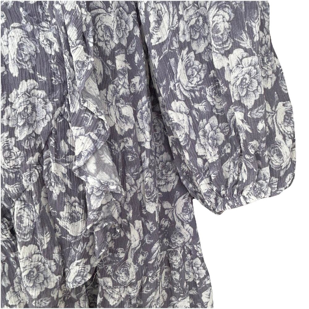 Paige Shawna 100% Silk Floral Paisley Ruffle Wrap Mini Dress Size Med Grey White - Picture 8 of 12